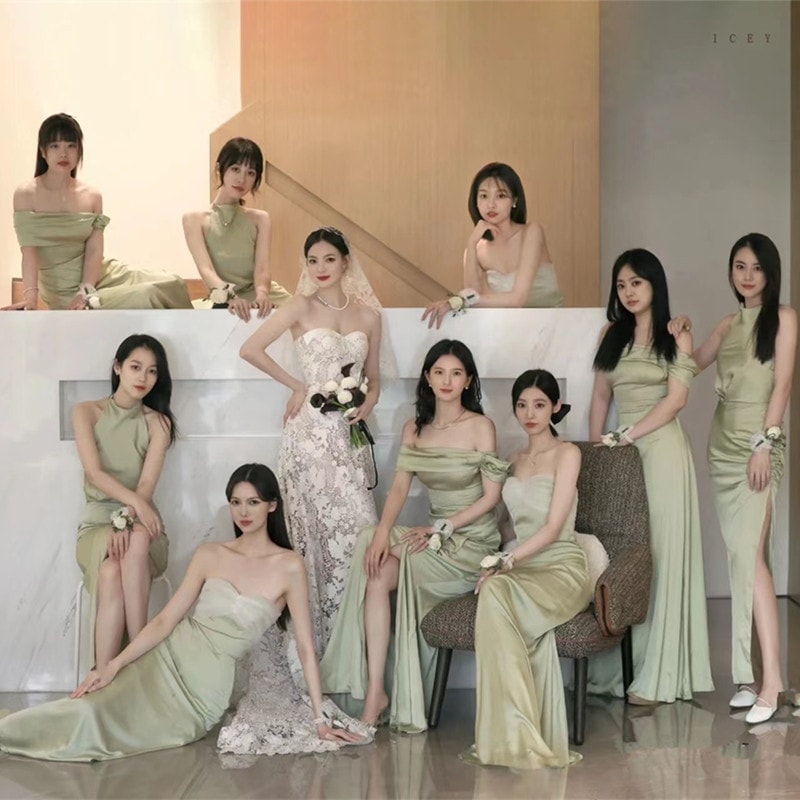 スモールグリーンブライズメイドドレスサテンハイエンドニッチ花嫁ローンウェディングシスタードレススリムセクシースリム