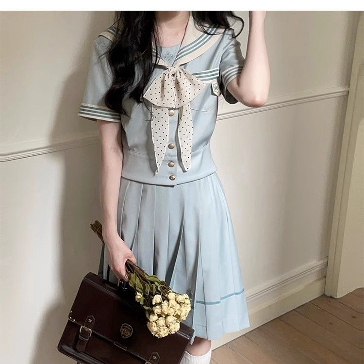 新品のオリジナルスーツ夏のウjkユニフォームセット半袖学校プリーツボックス女子大学スタイルのためのプリーツaラインスカート