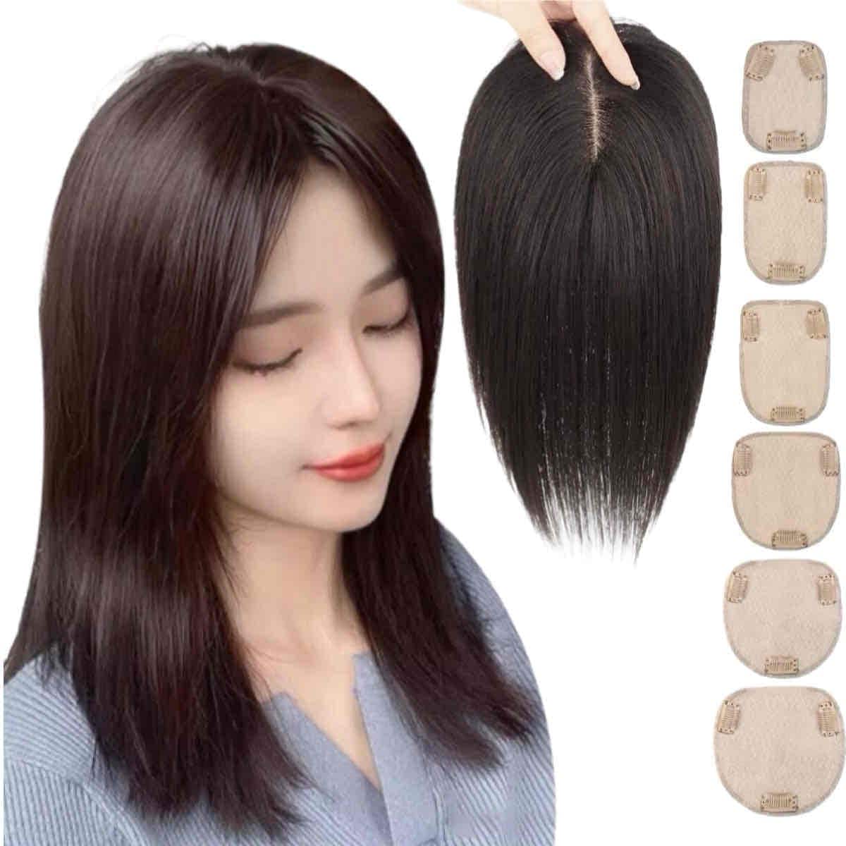 【ウイッグテラス】 人毛100% ヘアピース 部分ウィッグ 白髪隠し 薄毛 脱毛 トップカバー 女性 つむじ 前髪 分け目 ポイントウィッグ かつら 黒 茶色 長さ30cm（ 面積 ９×１4ｃｍ１２