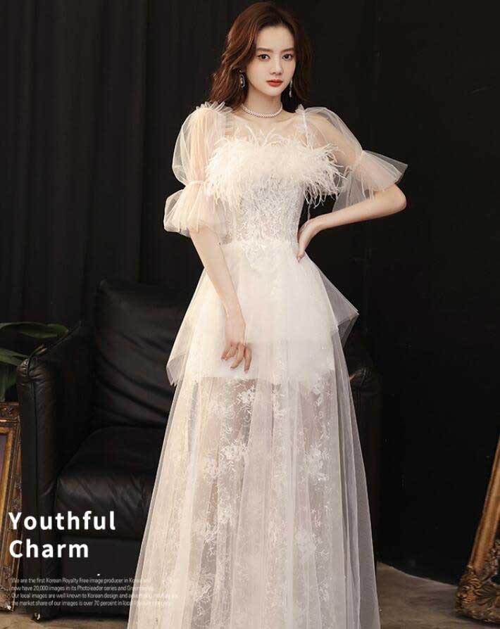 エレガント レディースドレス 羽根 高級感 ロングドレス 透け感 ウェディングドレス パーティー 宴会 誕生日 プレゼント 成人式 お洒落 お呼ばれ 司会 礼服 忘年会 Aライン 着痩せ ブラック ホ