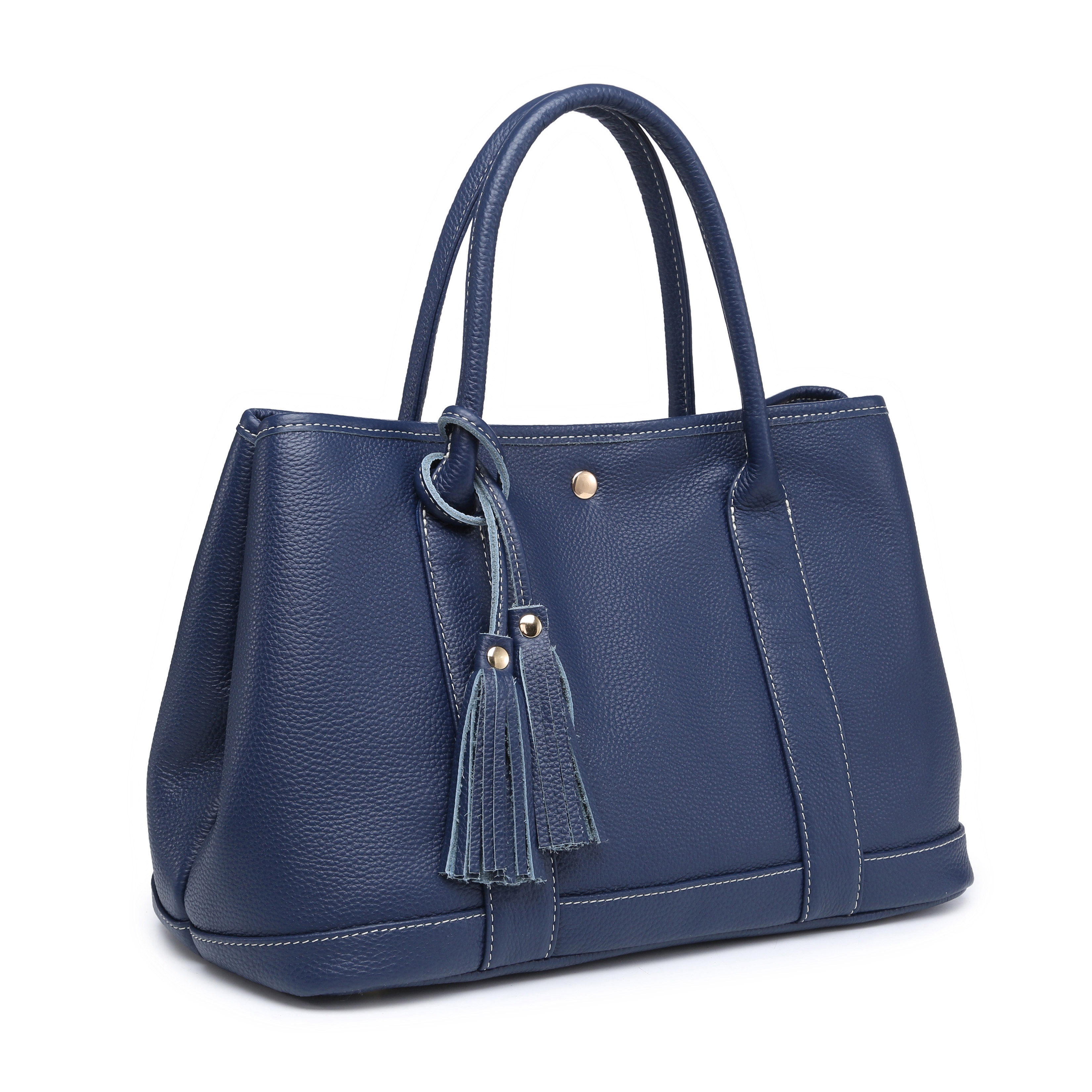 トートバッグ 本革レザー　ハンドメイド A4　大容量　丈夫　通学通勤　スリム　ネイビーブルー色 TC122