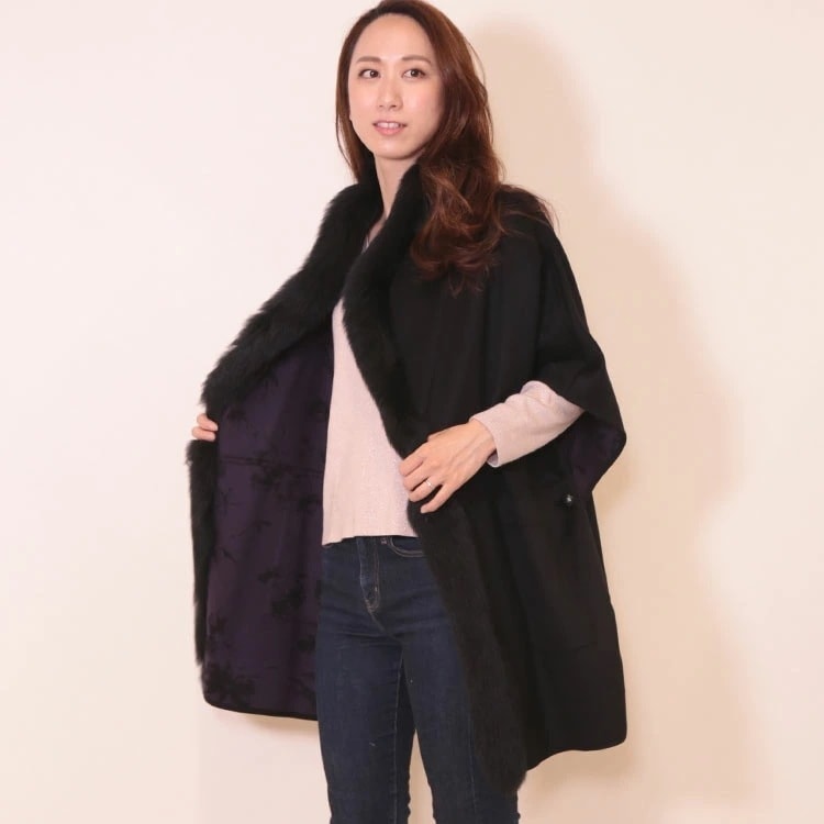 カシミヤ100％ケープジャケットフォックスファー