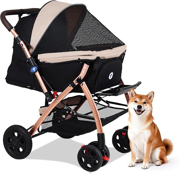 対面式 ペットカート 犬 バギー 4輪 犬用かーと 小型犬 中型犬 猫 多頭 ペットキャリーカート ワンタッチ折り畳み 拡張可能バスケット コンパクト収納 (ベージュ)