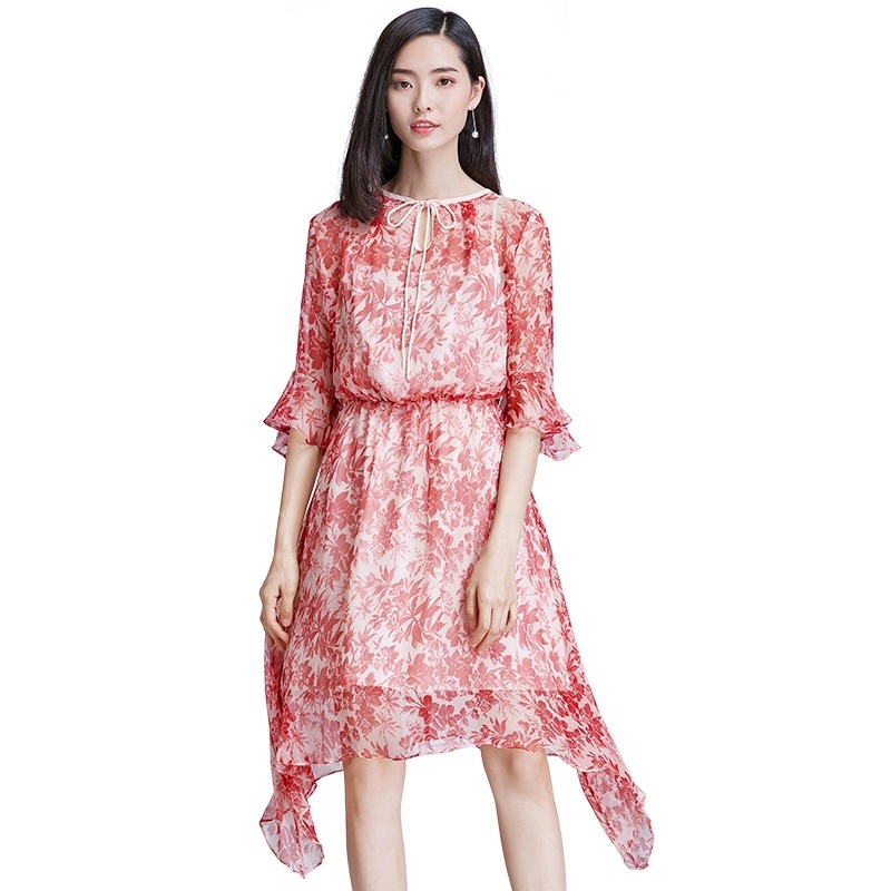 1153. 花柄フレアスリーブワンピース（レッド）