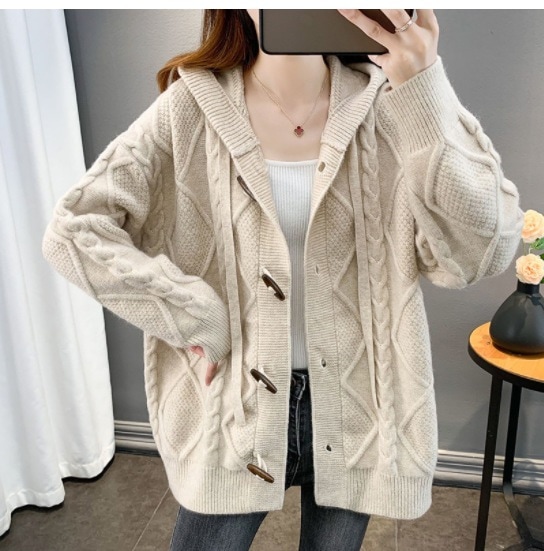 フード付きホーンボタン太針カーディガンコートゆったりアウター23新デザイン怠惰なスタイルのセーター女性用