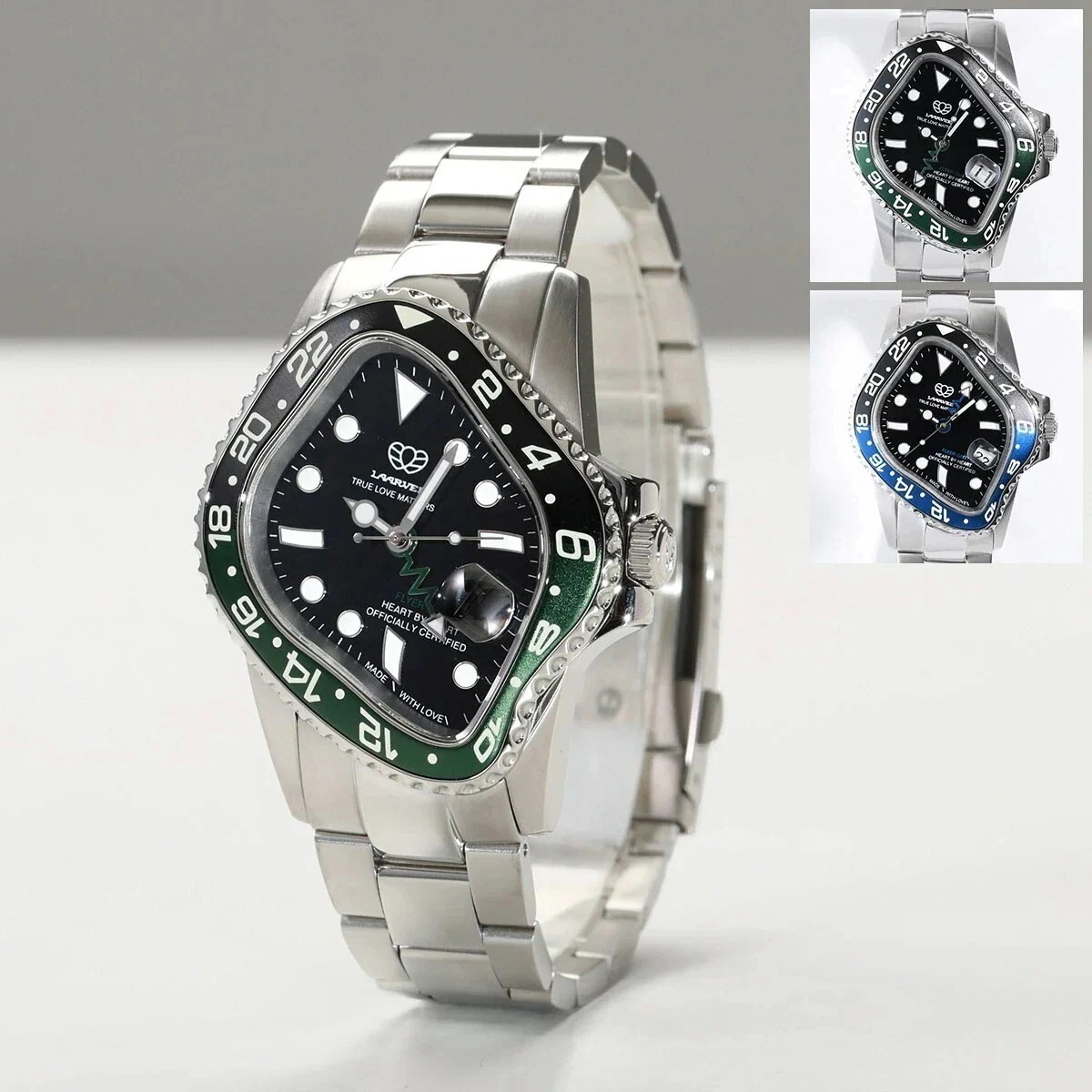 LAARVEE ラーヴィー 腕時計 PEA001GMT メンズ ウォッチ ステンレススチール 流線型 生活防水 アナログ時計 自動巻き機械式ムーブメント ロゴ