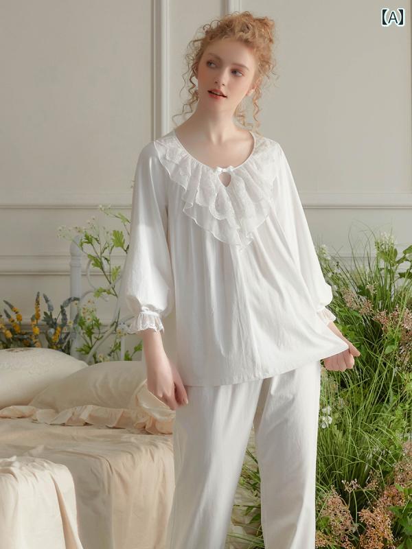 パジャマ レディース 宮殿風 レースフリル シフォン 上下セット ナイト ルーム ホームウエア 秋春 トップス ボトムス 着回し かわいい セクシー お泊り デート 友達 映え 華奢