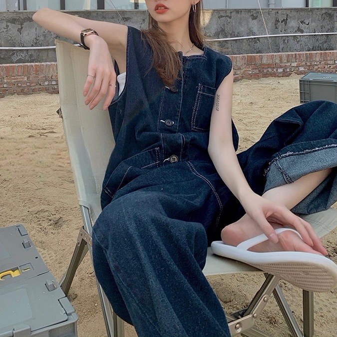 レディース パンツ サロペット デニム デニムパンツ ジャンプスーツ カバーオール 丈長 フルレングス 袖なし ノースリーブ Uネック ラウンドネック ストレート ポケット ボタン ヴィンテージ