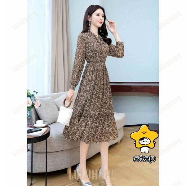 【本日限定激安格】即納ありワンピース レディース ひざ丈 ワンピース カジュアル 長袖 大きいサイズ 春 夏 春 ワンピ フレア 小花柄 ワンピース スタンドカラー フリル リボンタイ 膝下 丈