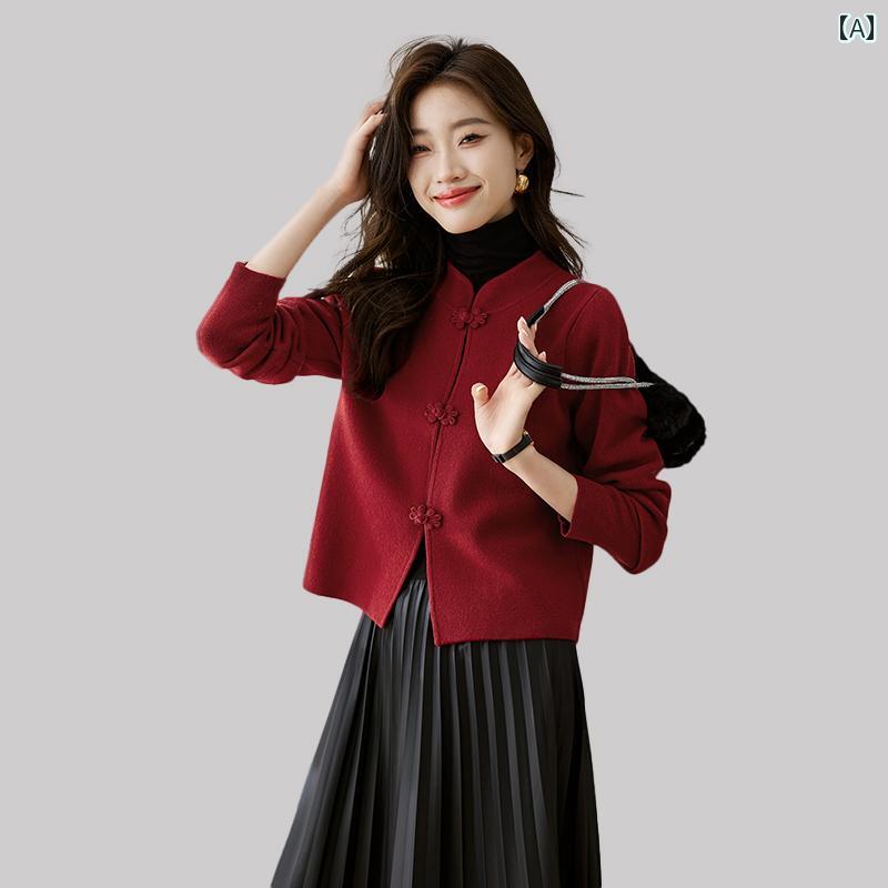 レディース おしゃれ カーディガン カジュアル 秋冬 ウール ショート スタンドカラー チャイナ風 セーター ブラック ベージュ レッド