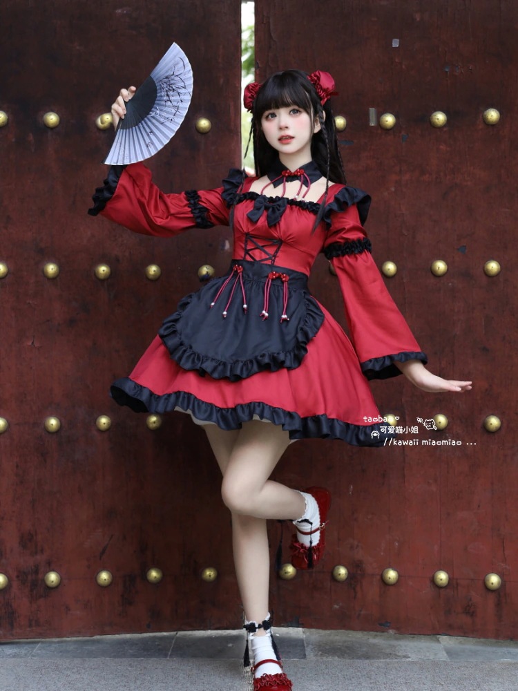 【ni-i-ight】赤黒ロリータメイド服COS服中lolita长袖ワンピース