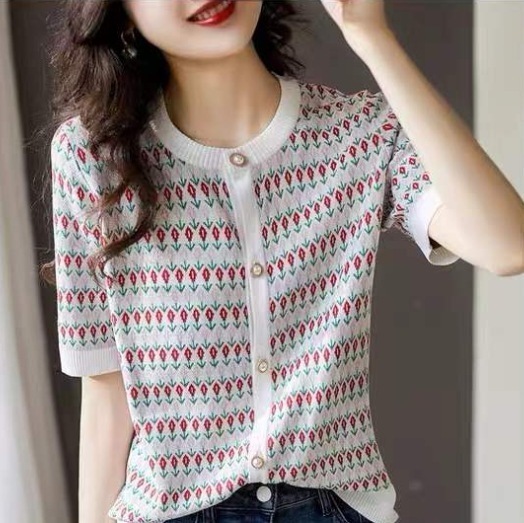 個性的 トップス カーディガン 袖あり 半袖 ラウンドネック 襟なし スリム 細身 スマート ニット サマーニット 薄手 かわいい 可愛い レトロ アジアン 可愛い 女子 ラブリー