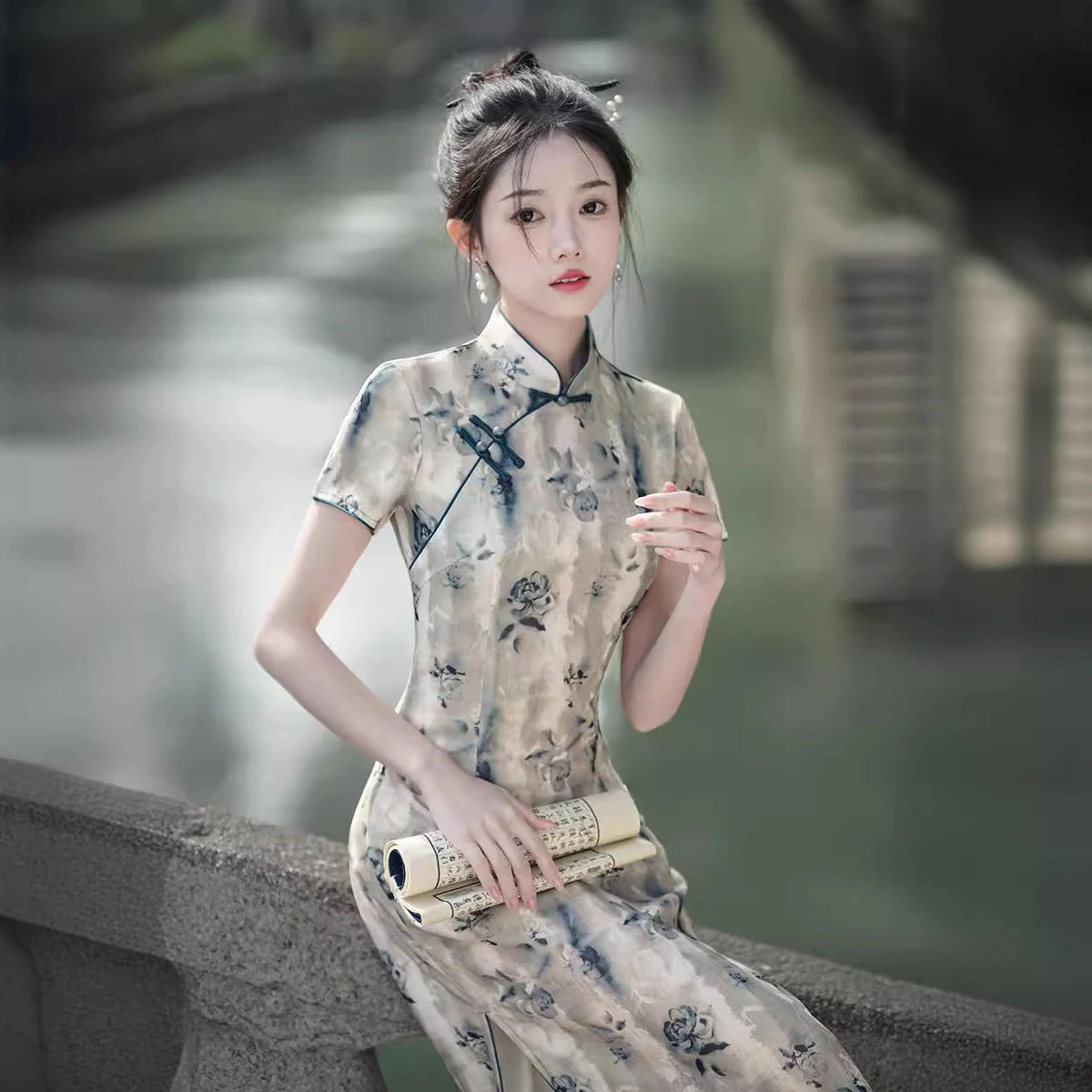 2024春夏改善されたチャイナドレス痩身気質改善された小さなレトロな女性のための毎日のミッドレングススタイル