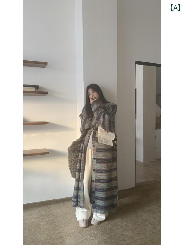 ニット レディース カーディガン おしゃれ カジュアル フード セーター 秋冬 丈 ボーダー ロング