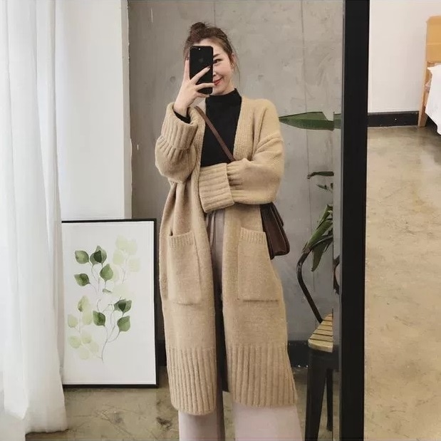 ロングカーディガン ジャケット ニットカーディガン ニットジャケット アウター 羽織物 コート 厚手 秋冬 Vネック ポケット ラフ ルーズフィット ビッグサイズ ビッグシルエット ゆったり