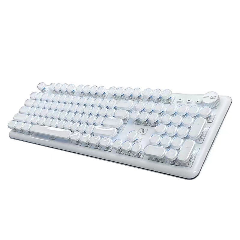 レトロパンクタイプライタースタイルのゲーミングキーボード 青軸 白いバックライトと白のメカニカルキーボード 有線USB-A ゲームと仕事用