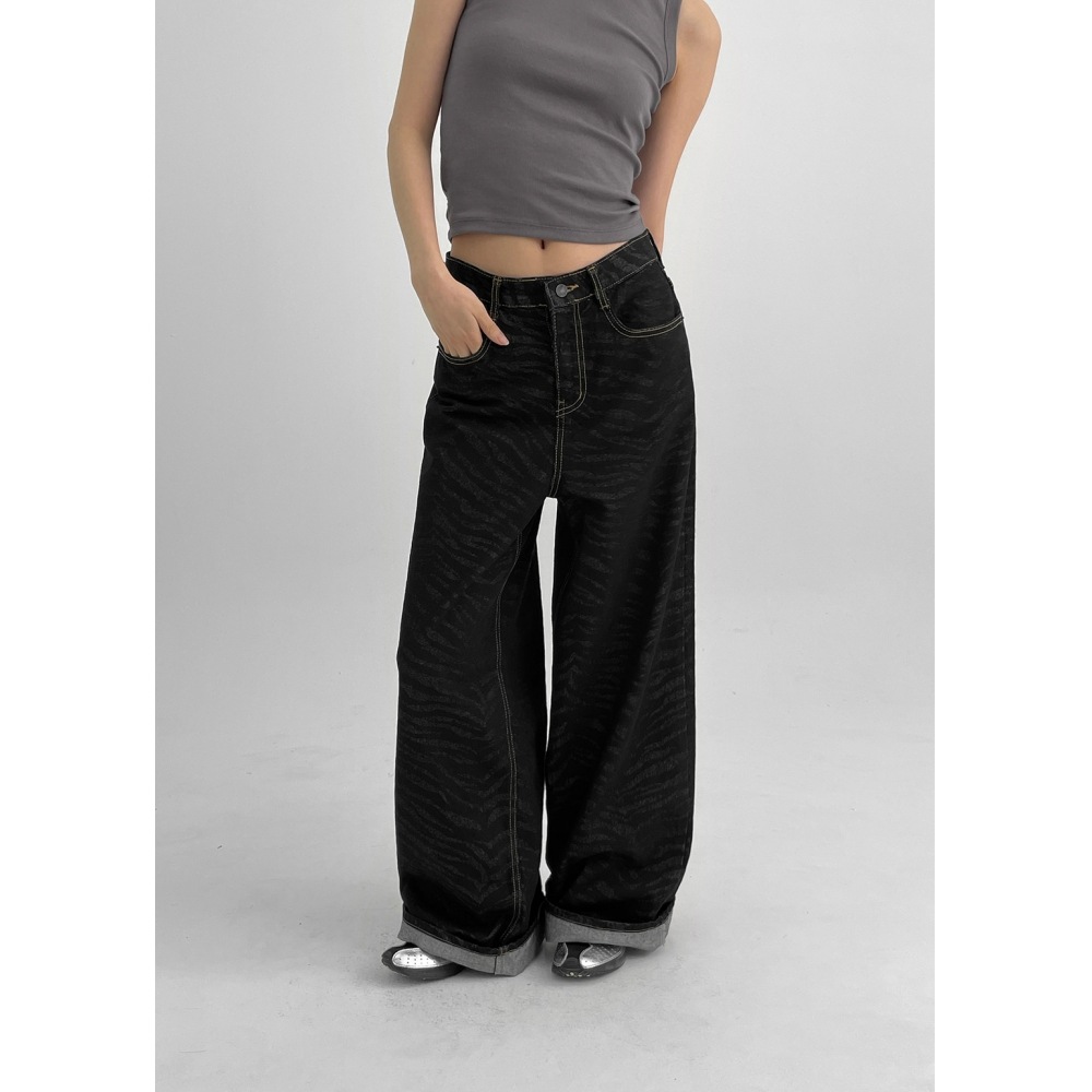 ブラックアップキンヤゼブラワイドロウデニムパンツ