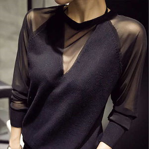 1MA162-春 韓国ファッション レディースファッション 人気沸騰 ゆとり 網紗 長袖Tシャツ ブ