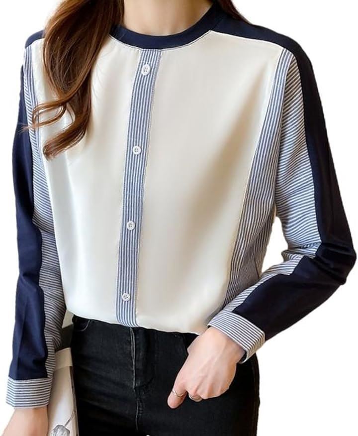 異素材ドッキングトップス ストライプ 飾りボタン プルオーバー 大人カジュアル 長袖 レディース(4XL)