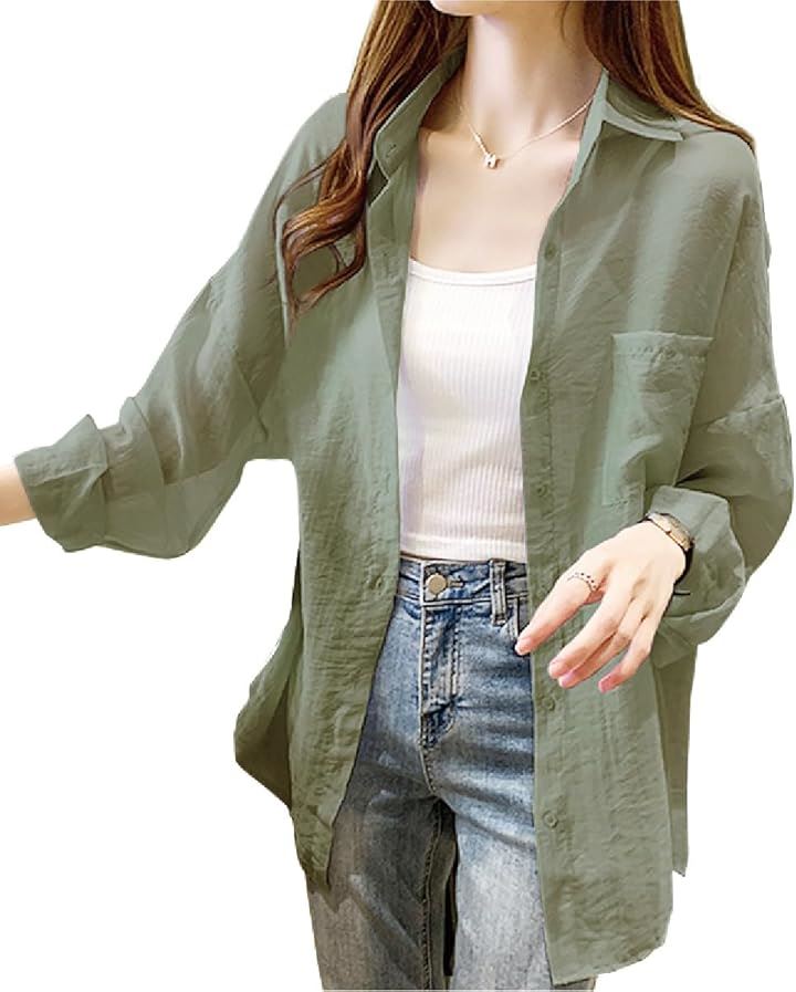 シャツ レディース シースルー トップス カーディガン オーバーブラウス( グリーン, M)