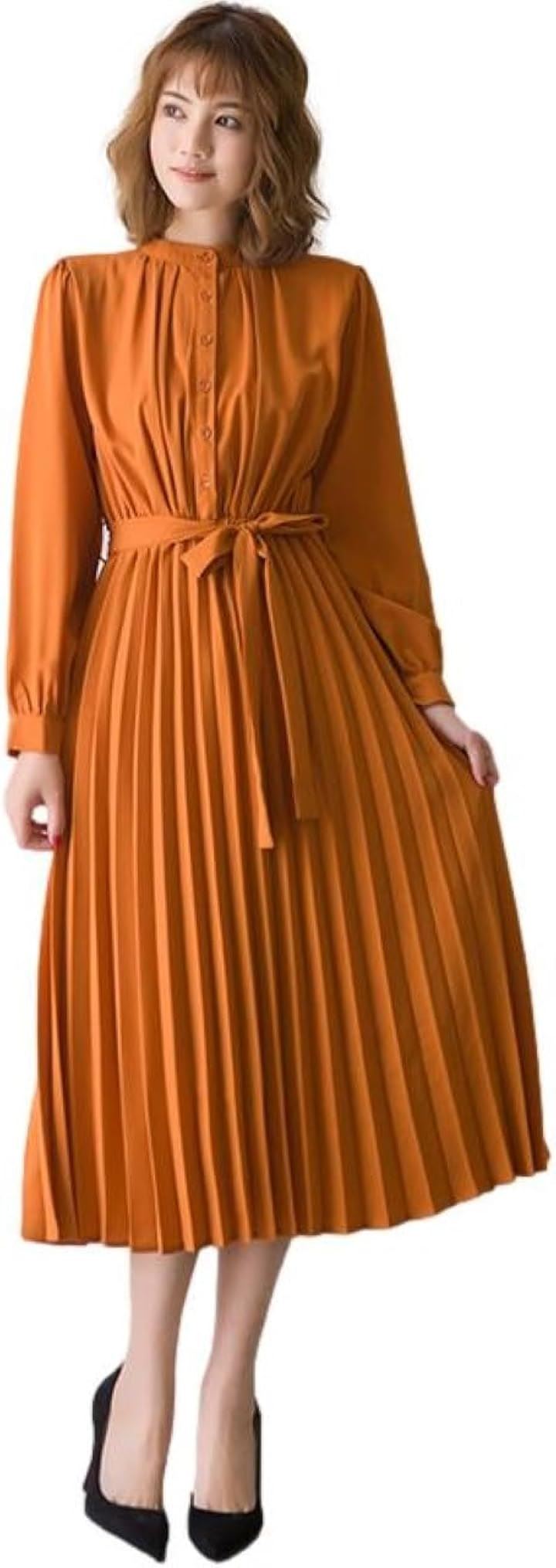 ブルーベリル シフォンワンピース ロング プリーツ レディース 長袖 ハイウエスト ウエストリボン フレア 春 秋 BB054(ブラウン, XL)