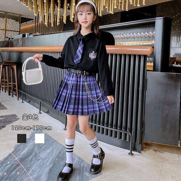 女の子 制服 フォーマル スーツ 4点セット 入学式 卒業式 発表会 七五三 キッズ セットアップ 長袖シャツ+プリーツスカート+ネクタイ+ベルト チェック柄 春秋 5,814円