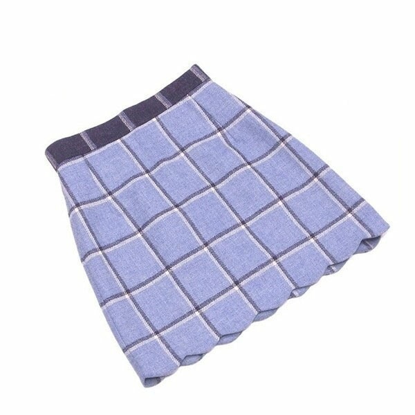 スカート 裾スカラップ ブロックチェック ブルー系 中古