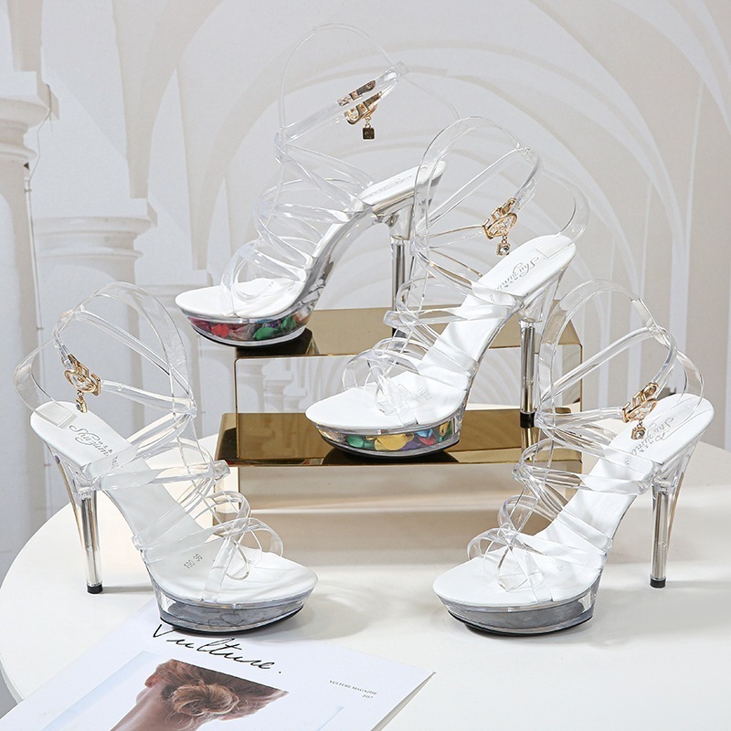 セクシーなハイヒール 13 センチメートル小剣プラットフォーム サンダル透明クリスタル シューズ結婚式の靴宴会 母の日 母の日-0009007