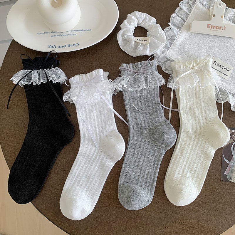 10個セット 薄手バレエ風ミッドソックスグレーレースリボン縁飾りソックス女性用ローファーに合う