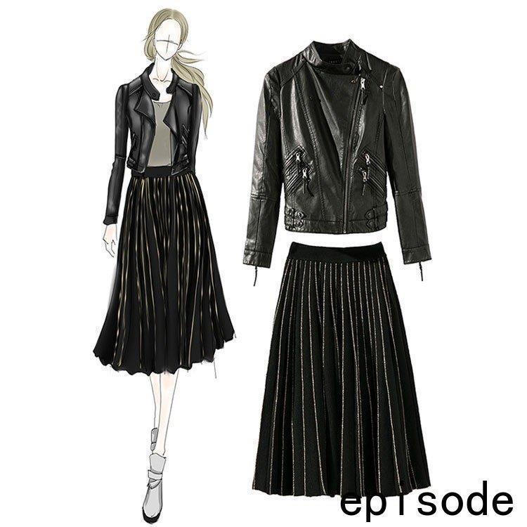 【急速出荷 2025年新作】レディース 秋冬 2点セット 皮コート+ スカート 女性用 PU革 ショート ジャケット アウター レザージャケット 黒い グレー スカート 上下セット 防風 通勤服