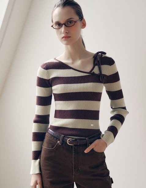 rolarola 水色ストライプオフショルダーニット Qoo10 rolarola CUT OUT