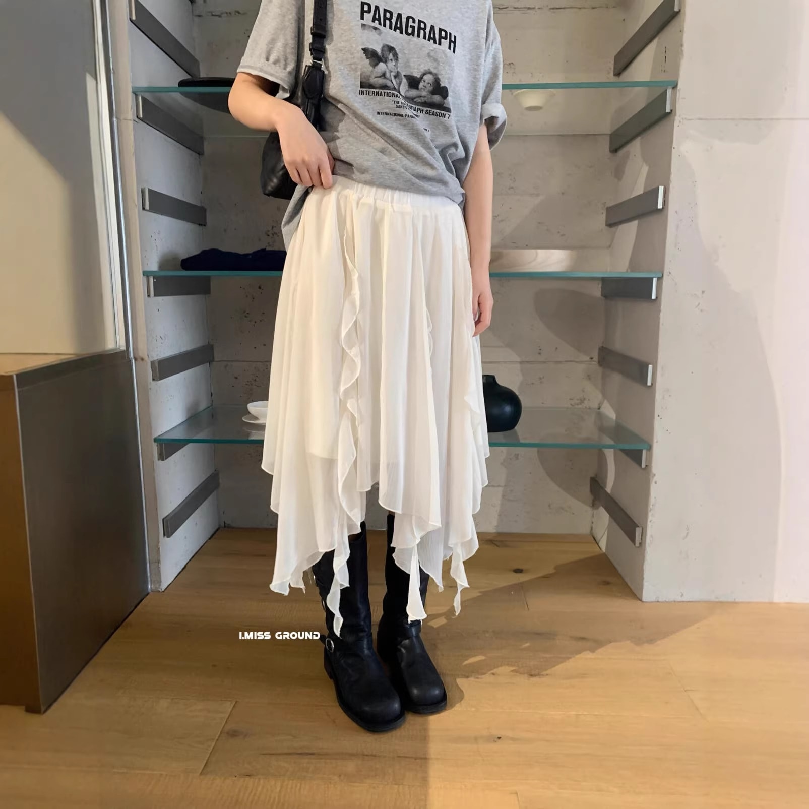 春夏韓国風優しい妖精フェアリーゴムフリルイレギュラースカートレディース R61037