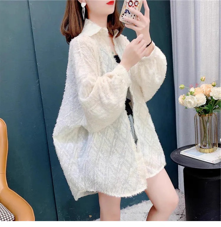 ジャケット シャツ アウター 上着 羽織 ミディアム丈 長袖 ボリューム袖 ドロップショルダー 萌袖 襟付き フィッシュテール ストリート 韓国風 前開き 透け感 シースルー ボタン ジャガード 大人