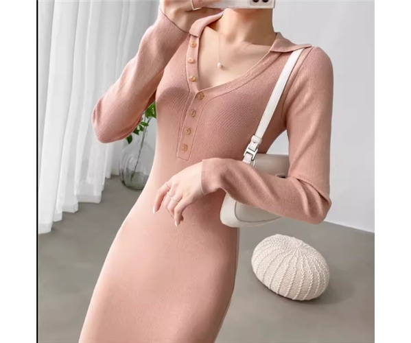 レディース ワンピース プルオーバー ニットワンピ ロング 長袖 Vネック タイト スリム 細身 ボタン 大人可愛い きれいめ シンプル カジュアル 上品 おしゃれ こなれ感 ラグジュアリー