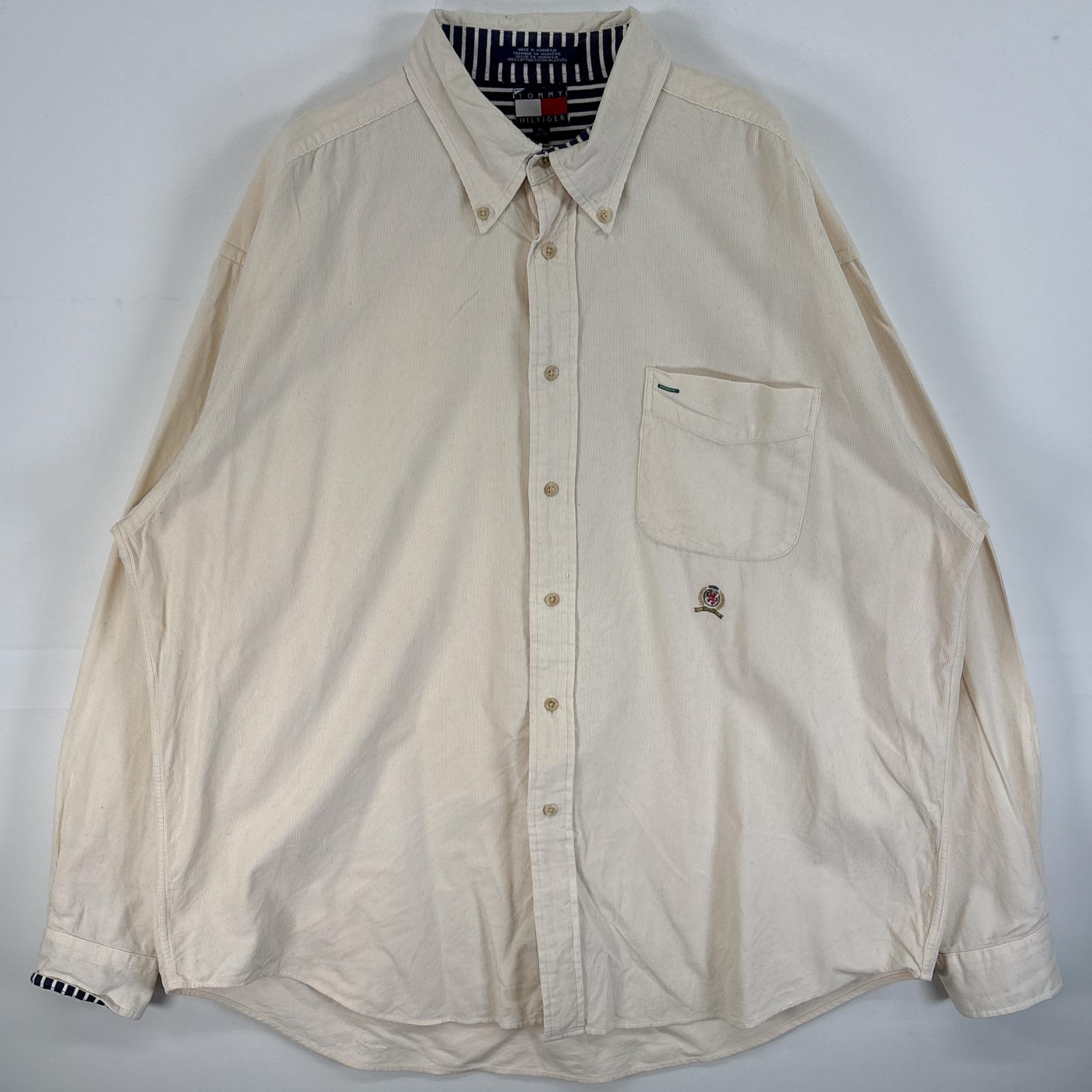 古着 90s/90年代 コーデュロイ 長袖シャツ 細畝 ロゴ 刺繍 大きいサイズ XL ホワイト 無地 メンズ