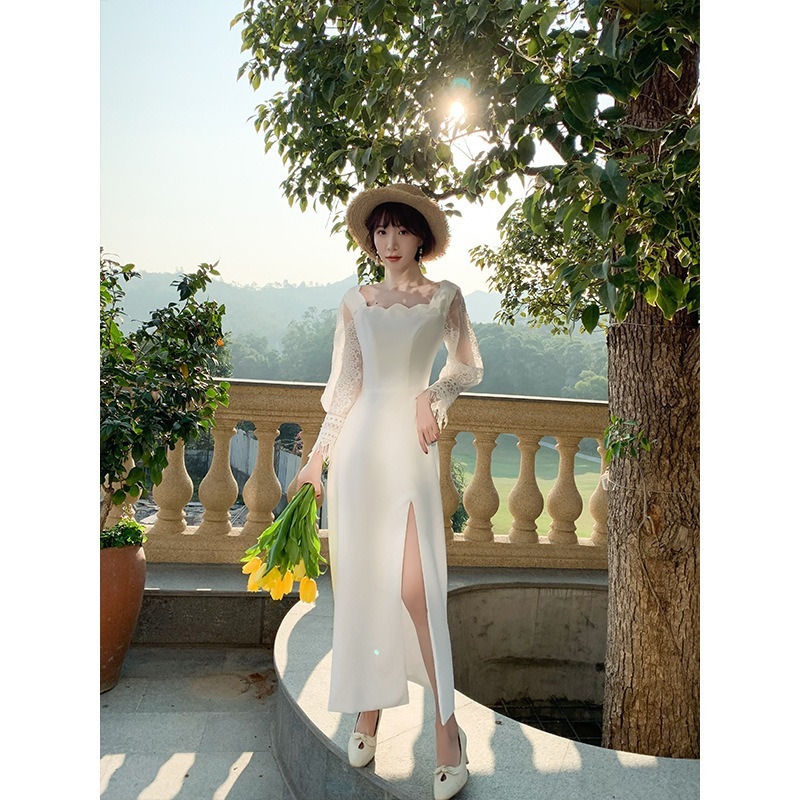 パーティードレス ウェディングドレス 二次会 花嫁 結婚式 Aライン 長袖 シンプル ウエディングドレス 安い 白 安い エンパイア 花嫁 フォトウエディング ビー001-801