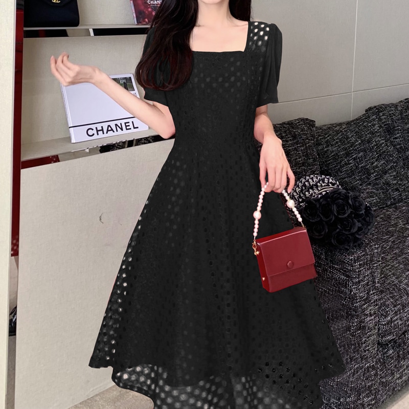 ワンピース フレアワンピース ワンピドレス ひざ丈 膝上 半袖 スクエアネック Aライン シフォン シンプル 大人 上品 おしゃれ 個性的 クール 無地 春 夏 レディース お出かけ 休日 パーティー