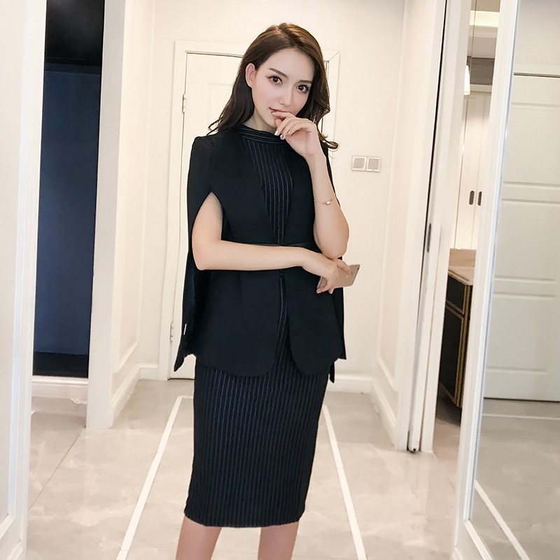 レディース ジャケット ワンピース スーツ 膝丈 ミディアム 袖なし ノースリーブ タイト スリム 細身 ケープ ベルト ウエストマーク スリット コンサバ バックスリット 大人可愛い きれいめ