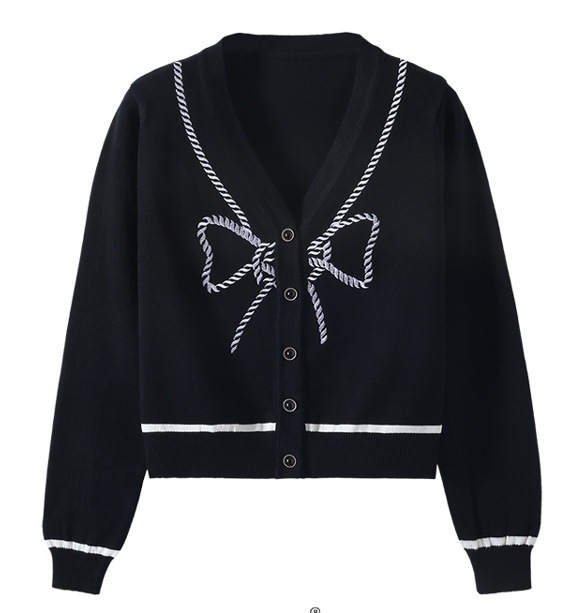 ロープボウニットカーディガン ２色 レトロ風 トップス ニット カーディガン 冬 春 秋 かわいい きれいめ カジュアル ショート ショート丈 長袖 萌袖 Vネック ボタンダウン スリム タイト 細身