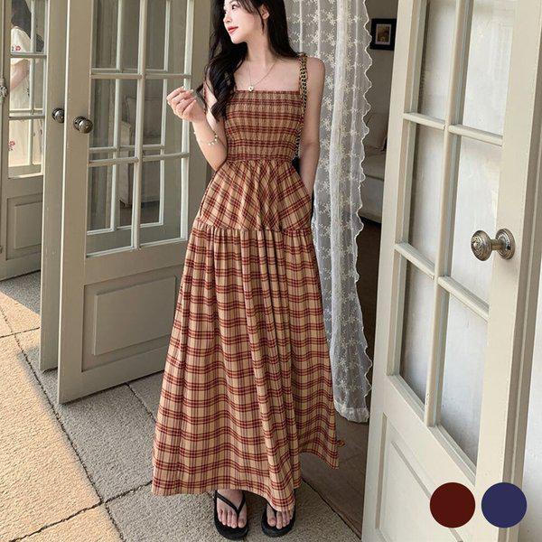 女性チェックチューブトップAラインノースリーブロングワンピースSDW-OPS-URD1001394