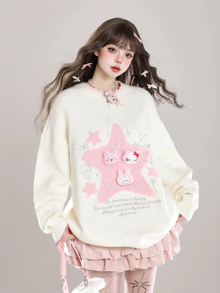 25 ミンクタッチニット韓国トップス長袖 プリントストリートコルシルエットクルーネックファッション色っぽ女っぽカジュアル大人っぽ 上品 サイズフェミニンゆったり レディースプルゆったり