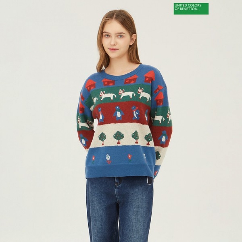 [ベネトン] ベネトンアニマルジャカード柄ニット BAKP77361_BL