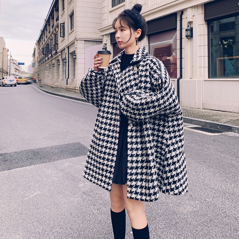 1色S-XL韓国千鳥格冬服に高級感モッズコート女中ロング2023年新作ダッフルコート
