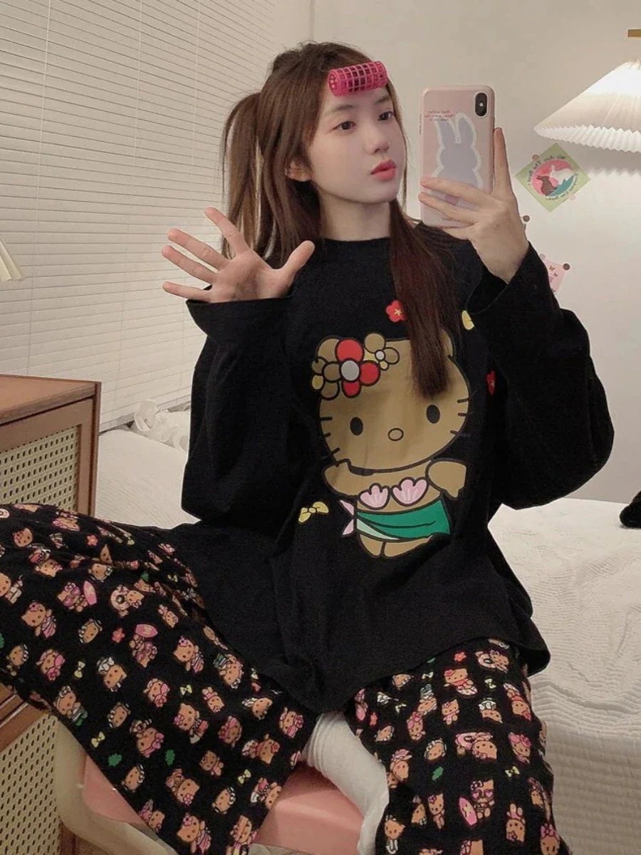 新品登場太ったmmサイズのかわいいキャラクターキティ長袖パジャマ女性のゆったりズボン部屋着セット