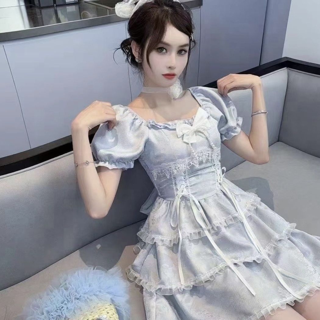 コスプレ 韓国 甘い ワンピー30%までに制限ス かわいい 少女 清新 青格子 つぎて レース本 ポンポンスカート ロリータ 花嫁 茶会