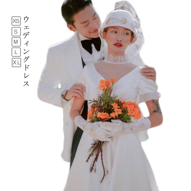 ウエディングドレス ウェディングドレス パフスリーブ プリーツ フェミニン ワンピース パフスリーブ ドレス パフスリーブワンピース ミモレ ミモレ丈 Aライン 結婚式 シンプル 上品