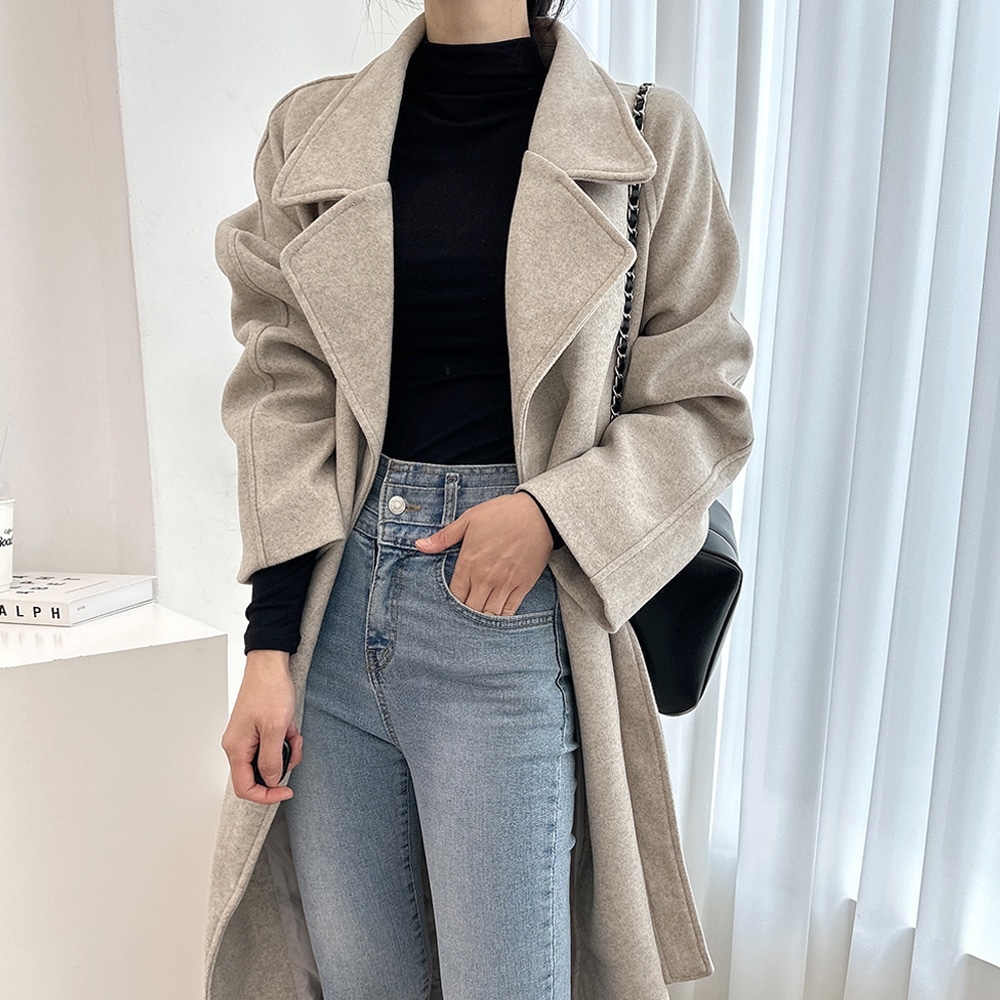 (ウール30/フィットきれい) ベルト ルーズフィット ロングコート/ウールコート(4color)