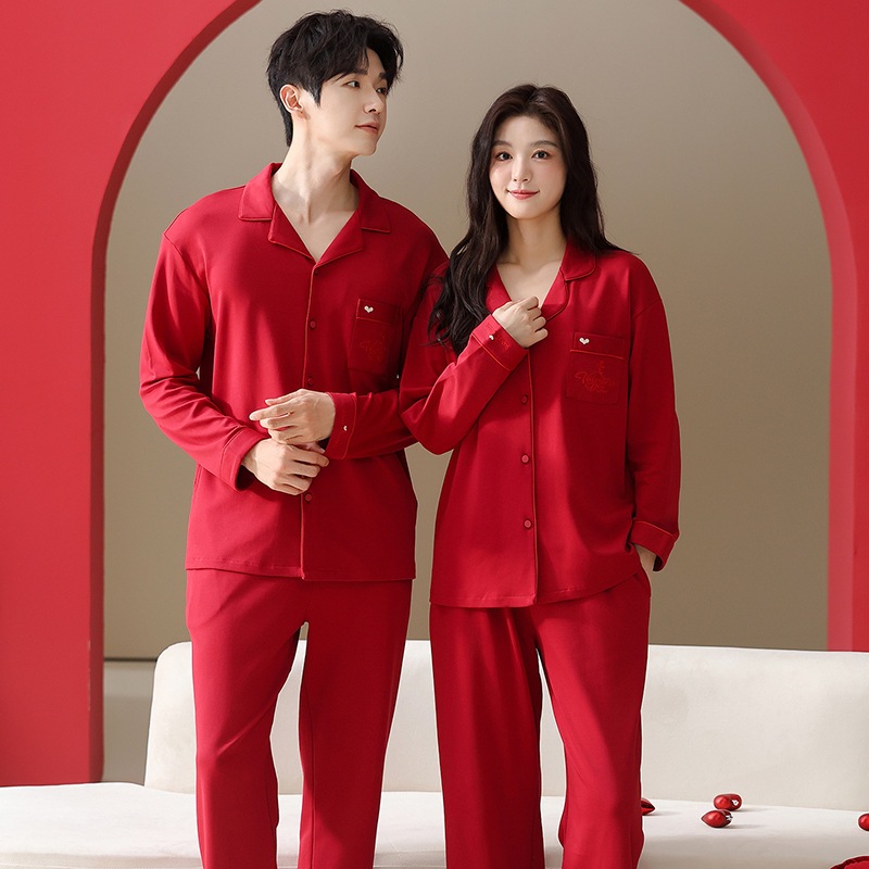 7A 鮮やかなレッドのカップル用長袖パンツ コットンカーディガンパジャマ 結婚式や干支用 - ピュアコットンストレッチ カップルホームウェア