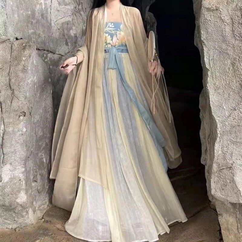 婦人韓服 Su Yifag 韓服婦人ミロバラン スカート 唐系 長袖 シャツ プリント ワンピース スーツ 春夏スタイル