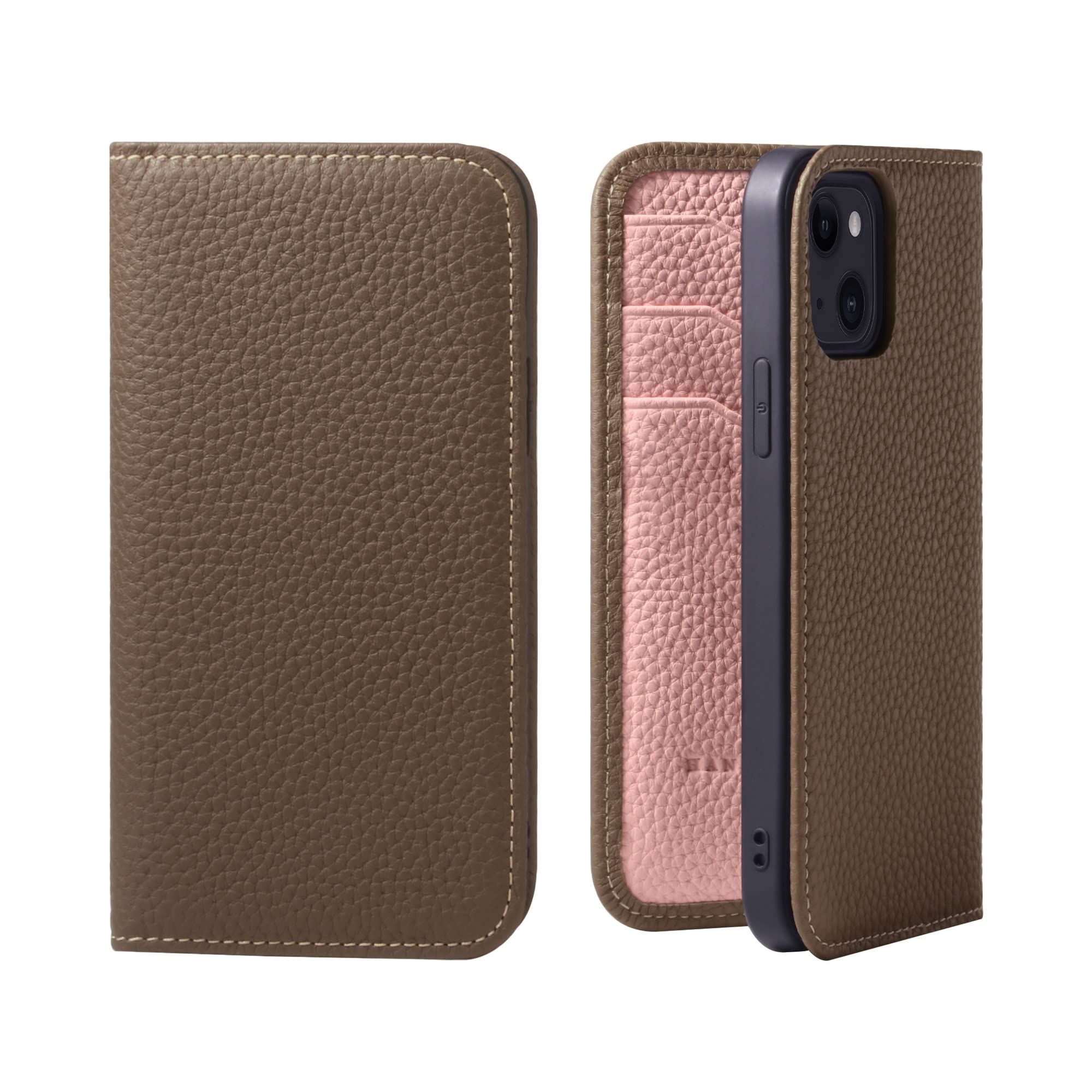 HANATORA iPhone13mini ケース 手帳型 本革 スマホケース スマホ スタンド コードホルダー 付き シュリンクカーフレザー ギフト マグネットなし トープ + ピンク PH-13M
